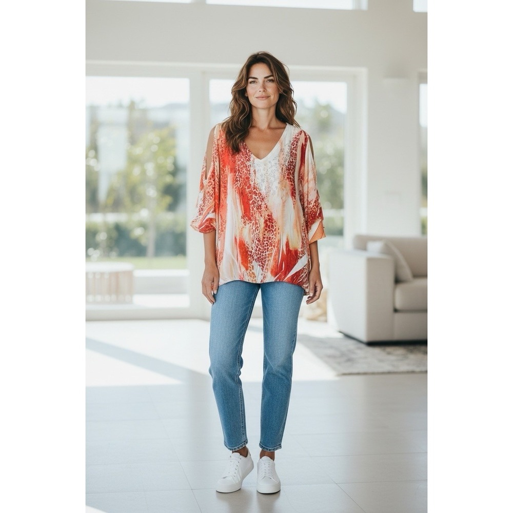 Reba Women's Top Size Large Orange White Abstract‎ V-Neck Flowy Tunic Blouse